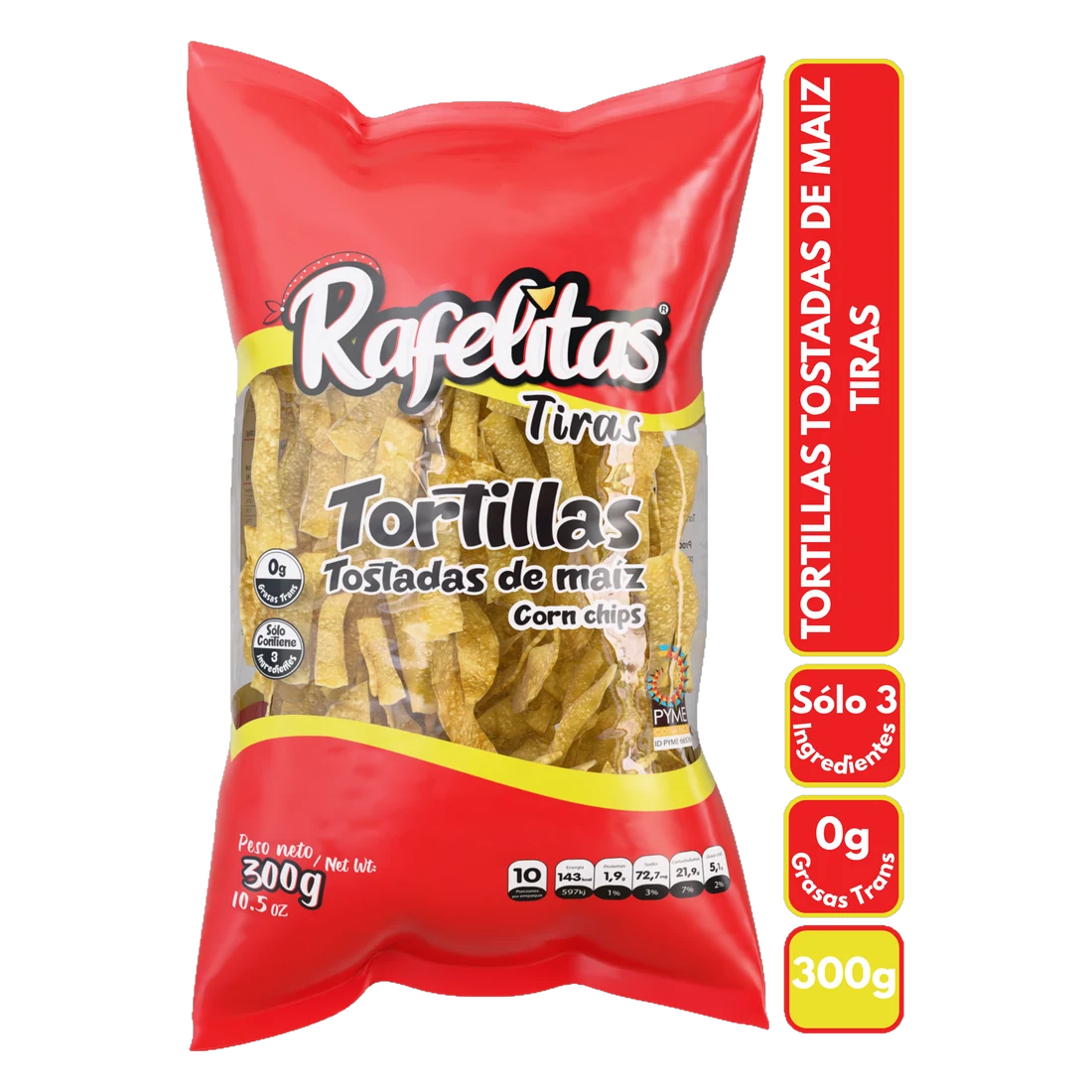 Rafelitas Tiras, vista frente de la bolsa de 300g